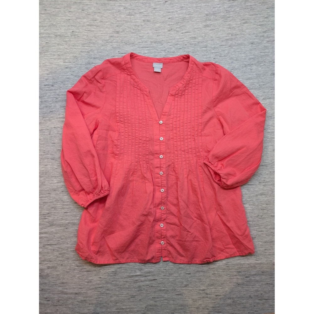 Chicos Pintucked Shirt Button Up Size 2 US Large 12/14 Linen Pink‎ Mature Office